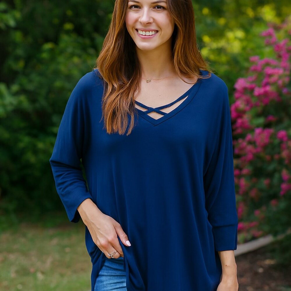 a.n.a Women 4X Blue Long Sleeve Criss Cross V Neck Tunic Casual Lagenlook Lounge